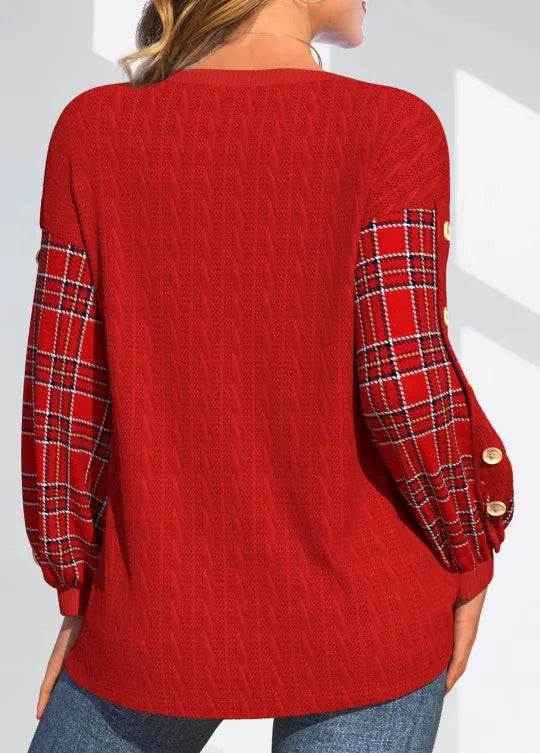 Ida | Red sweater with plaid sleeves
