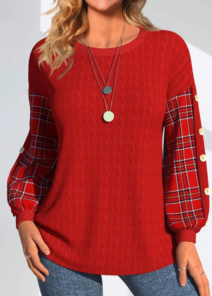 Ida | Red sweater with plaid sleeves