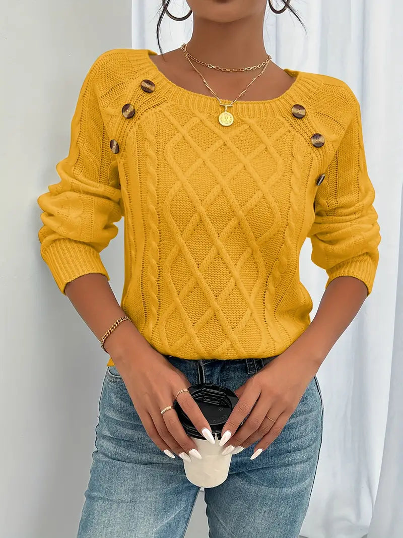 Lina - Cable Knit Long Sleeve Sweater, Casual Round Neck Pullover