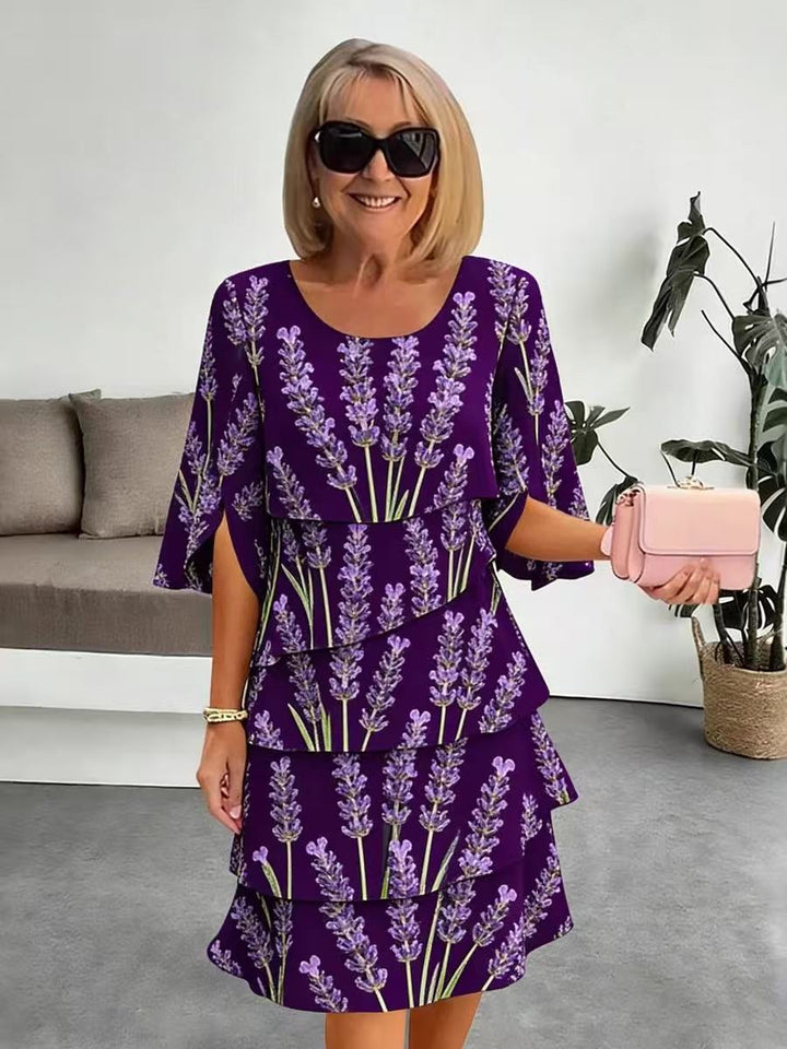 Elyvane™ - Women's Floral Ruffle Dress with Midi Length and Slit Sleeves