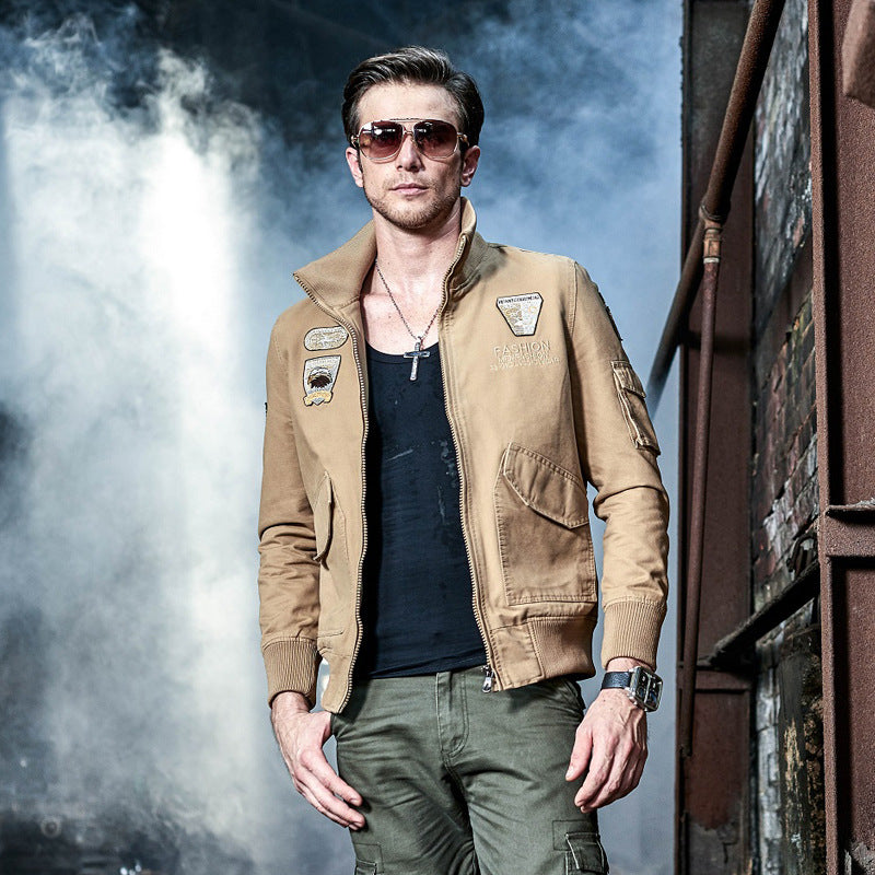 Men's Long-Sleeve Military-Style Jacket with Pockets