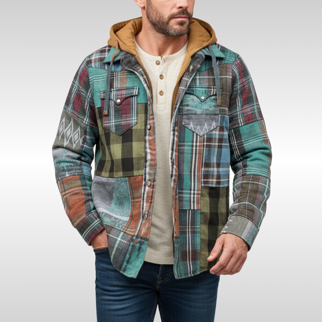 Rowan | Men's plaid jacket with hood, pockets, and buttons
