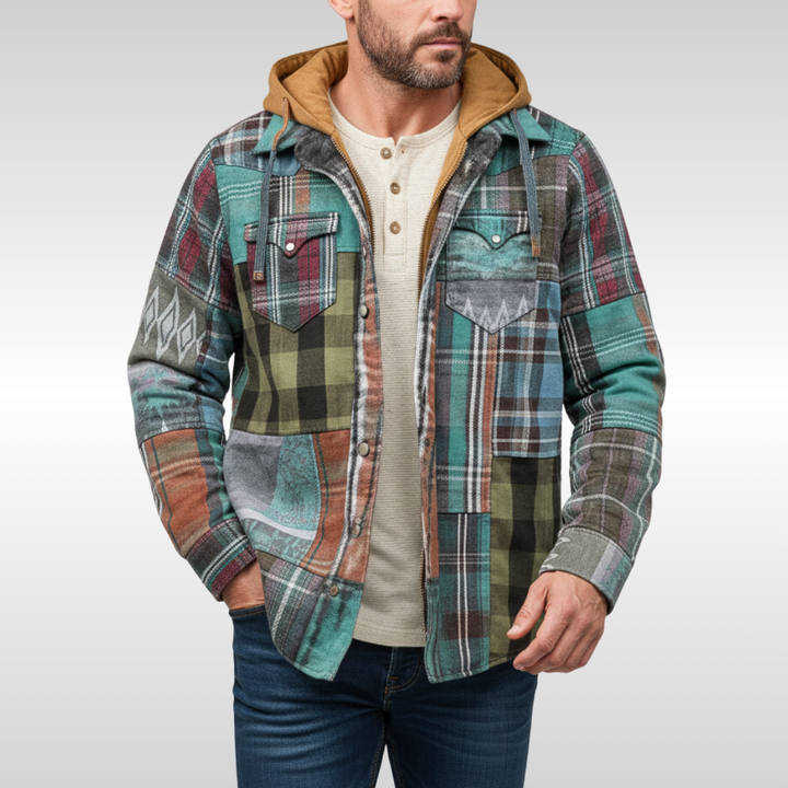Rowan | Men's plaid jacket with hood, pockets, and buttons