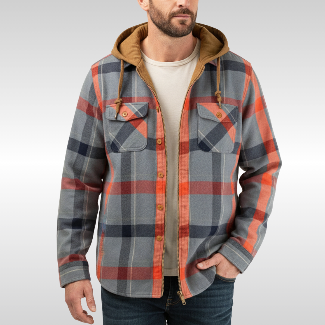 Rowan | Men's plaid jacket with hood, pockets, and buttons