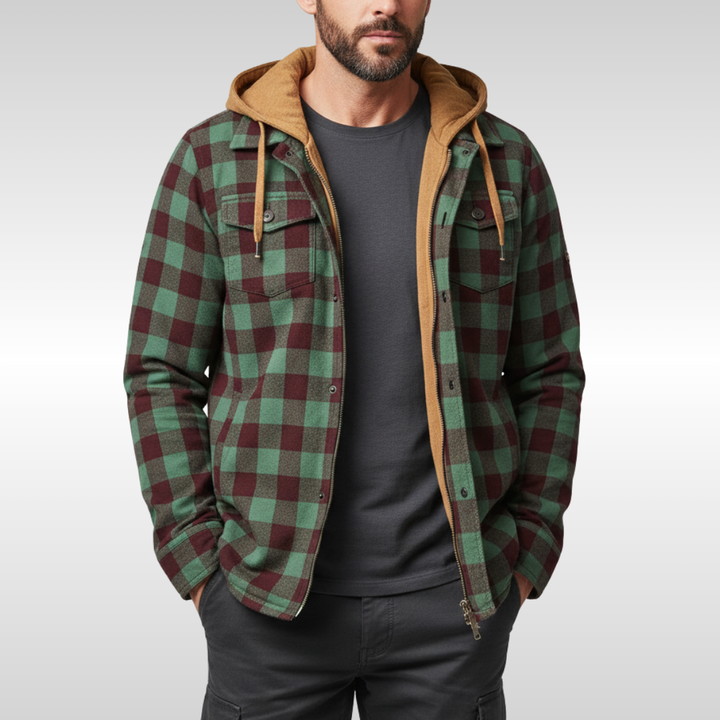 Rowan | Men's plaid jacket with hood, pockets, and buttons