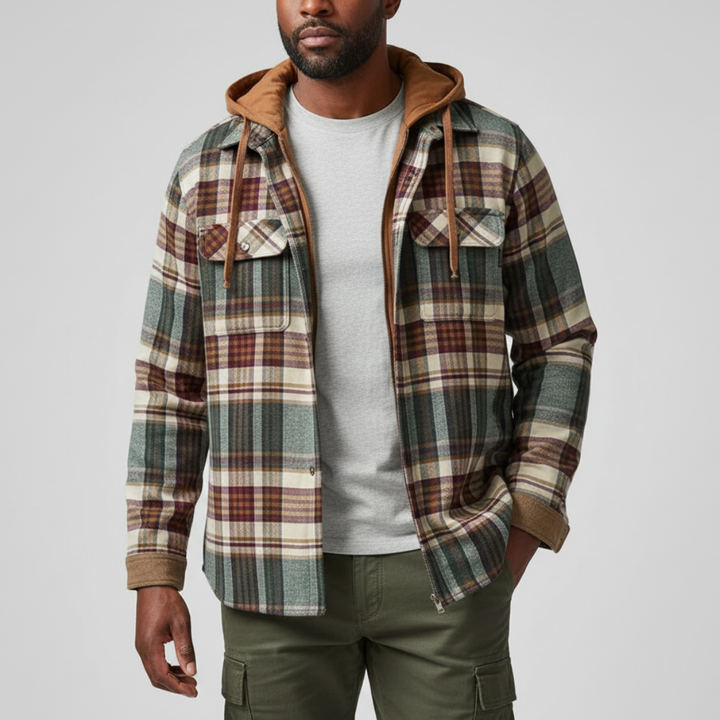 Rowan | Men's plaid jacket with hood, pockets, and buttons