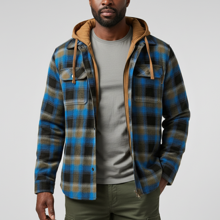 Rowan | Men's plaid jacket with hood, pockets, and buttons