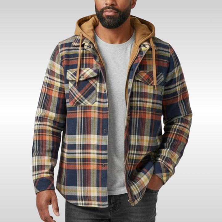 Rowan | Men's plaid jacket with hood, pockets, and buttons