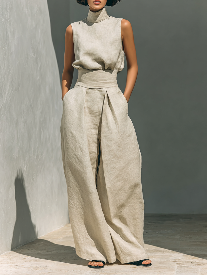 Women's Sleeveless Blouse and Wide-Leg Trousers Ensemble