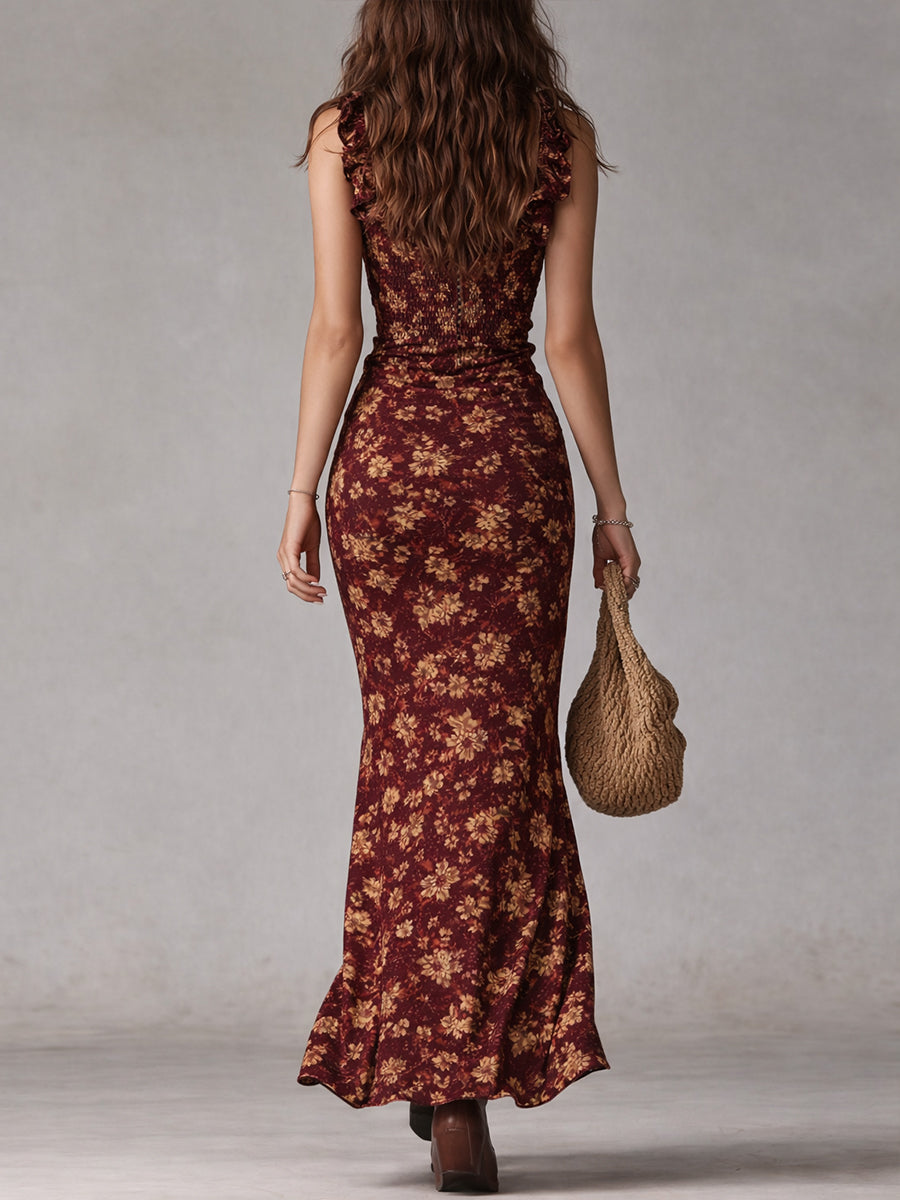 Maya™ | Boho Retro Ruffle Sleeve Maxi Dress with High Slit