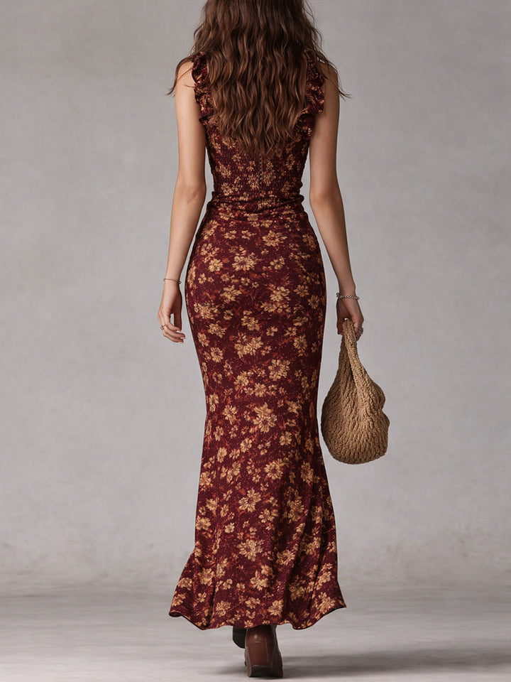 Maya™ | Boho Retro Ruffle Sleeve Maxi Dress with High Slit