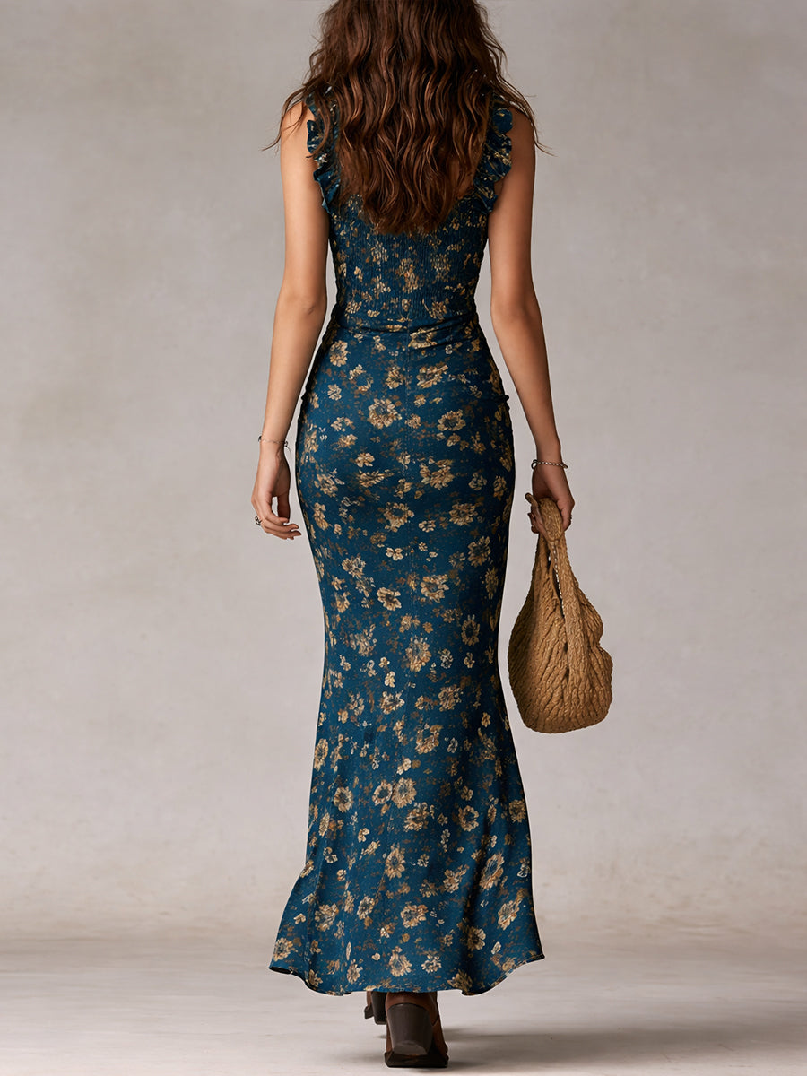 Maya™ | Boho Retro Ruffle Sleeve Maxi Dress with High Slit