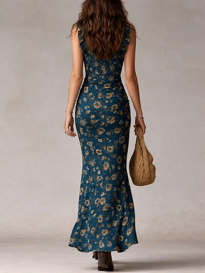 Maya™ | Boho Retro Ruffle Sleeve Maxi Dress with High Slit