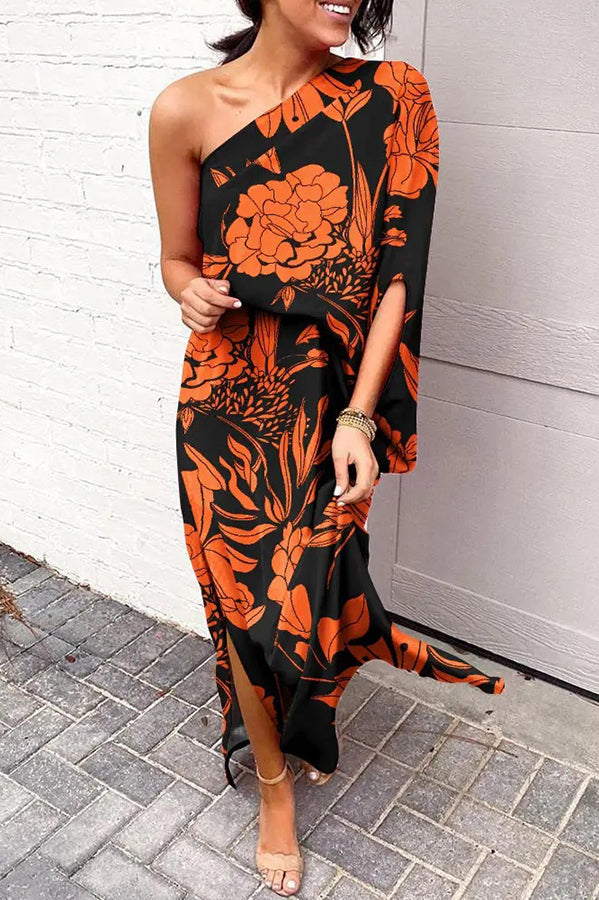 Rosie maxi dress with one-shoulder design and printed hem