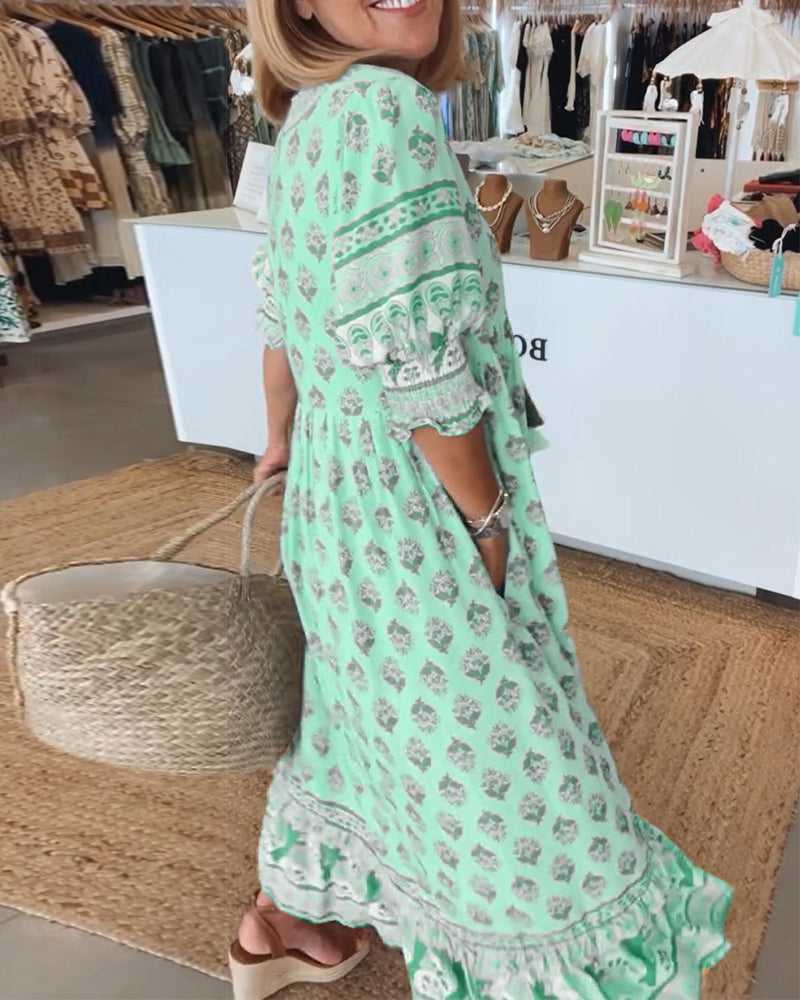 Giusy - Casual Printed V-Neck Dress With Half Sleeves