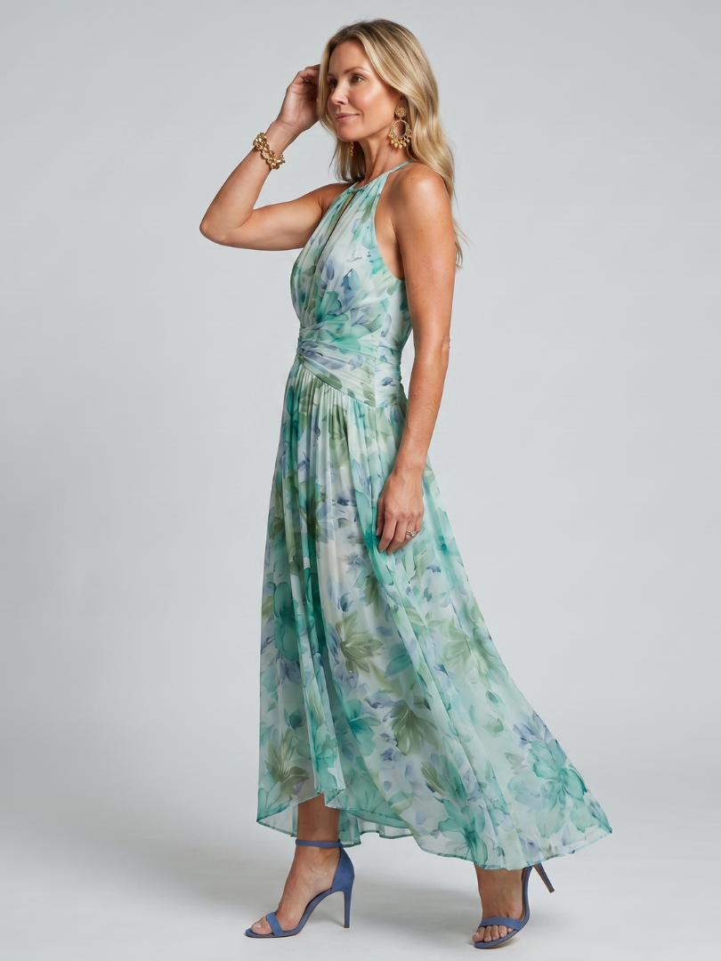 Portia | Pleated Halter Midi Dress with Soft Floral Pattern