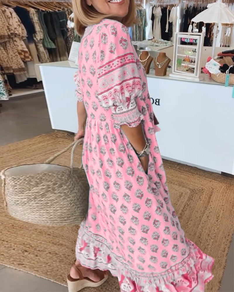 Giusy - Casual Printed V-Neck Dress With Half Sleeves