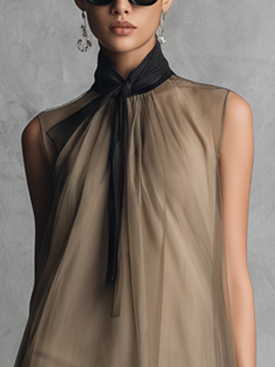 Lightweight, Luxurious Women's Casual Dress in Khaki and Brown with Color Block Pattern