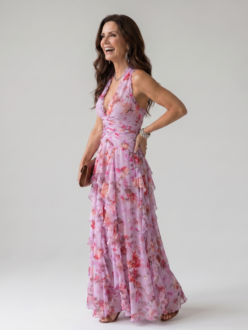 Nori | Halter Neck Ruffle Top Floral Maxi Dress