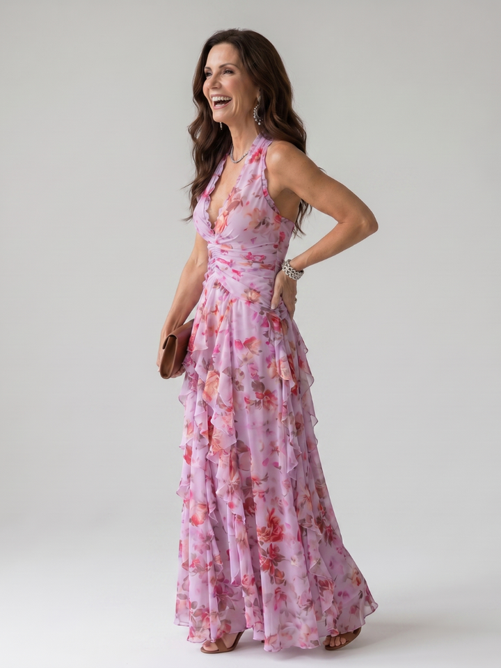 Nori | Halter Neck Ruffle Top Floral Maxi Dress
