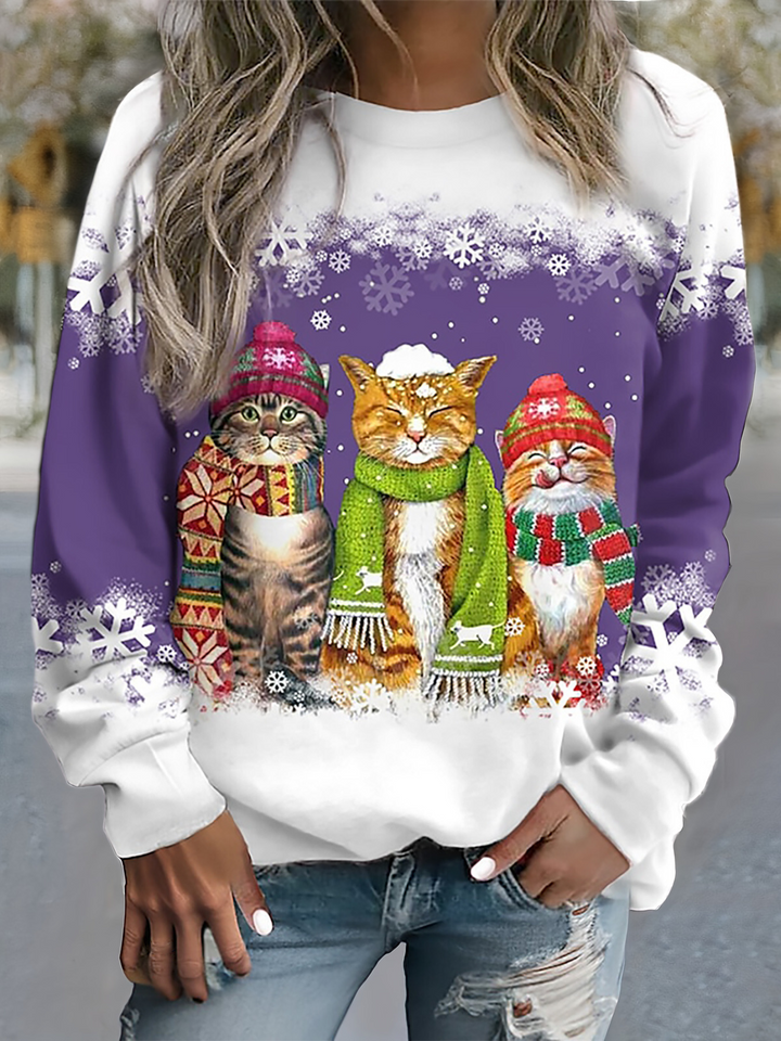 Nele - Warm Winter Top With Snow Cat Print
