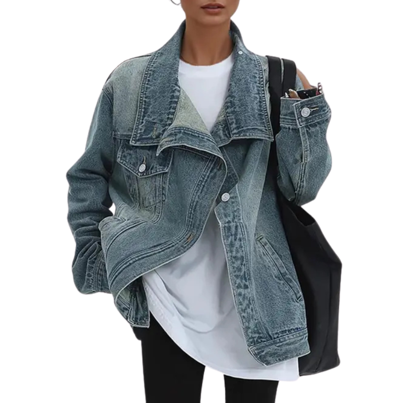 SKYE™ – Retro-Inspired Asymmetrical Jacket with High Collar and Vintage Wash
