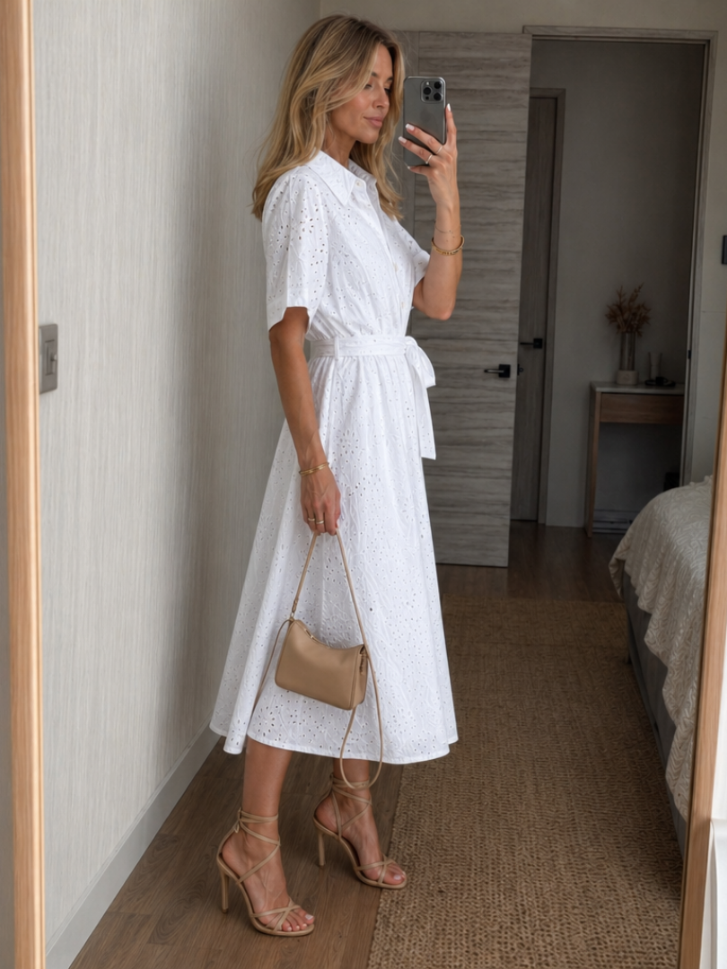 Eden | Damen Midi-Kleid mit Knöpfen und Bindegürtel