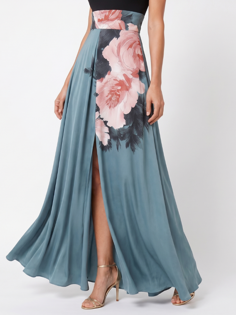 Olympas | Halter-Bodice Floral Skirt Maxi Dress