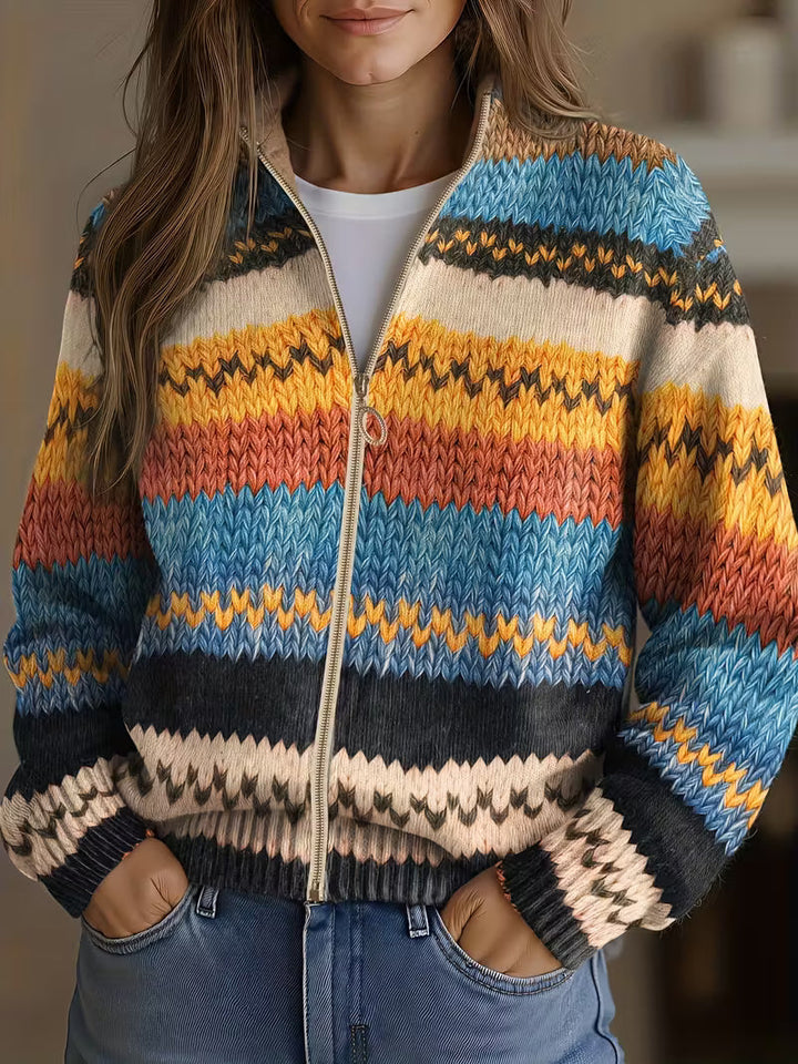 Yseult | Women's cardigan with zigzag stripes and a gold-tone zipper