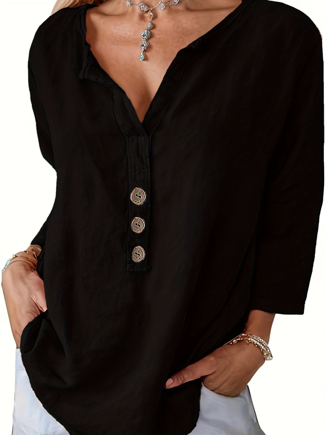 Harper™ - Loose V-Neck Blouse with Buttons