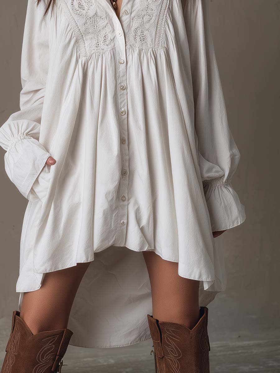 Retro Style Lace Irregular Hem Long Sleeve Mini Dress