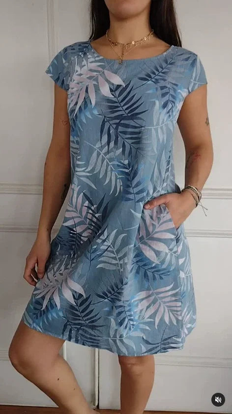 Women's Cotton Linen Printed Summer Dress with Pockets