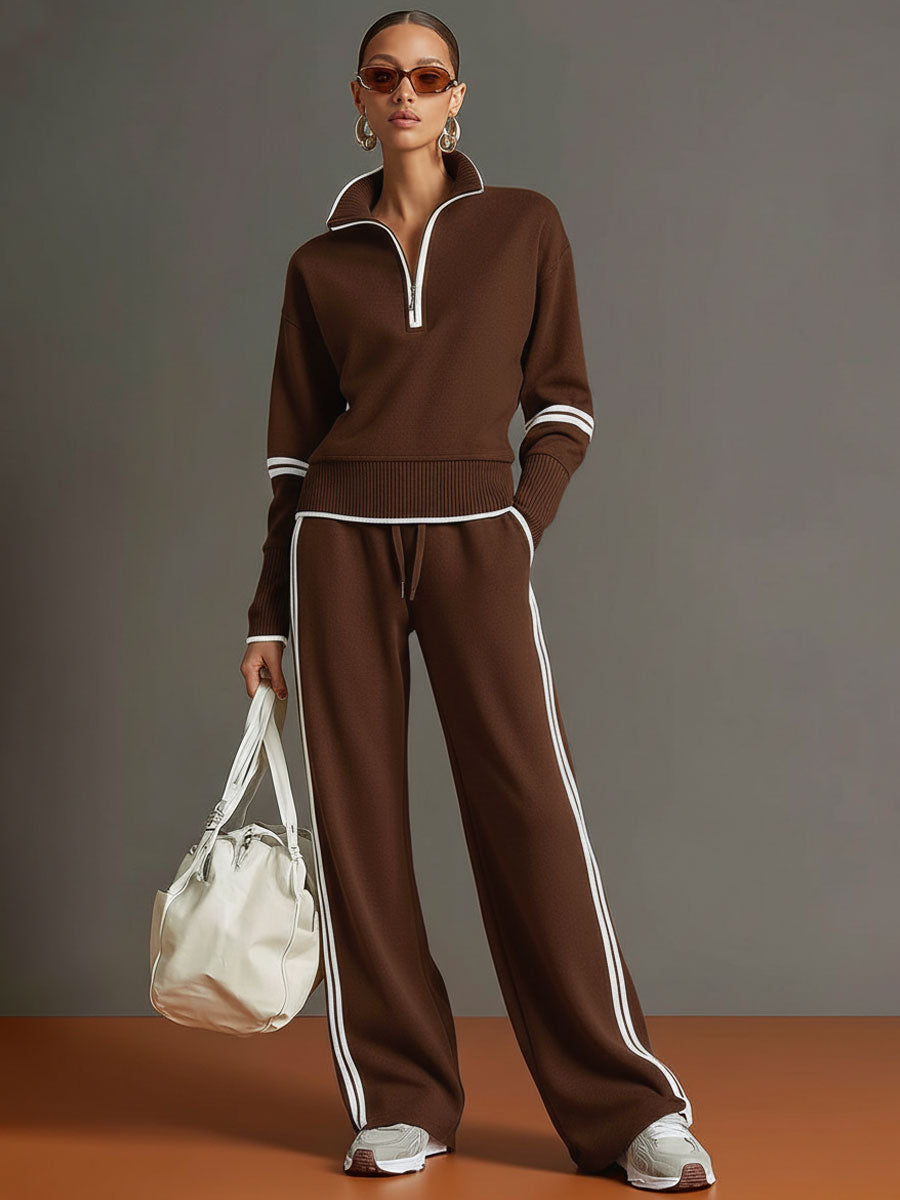 Vintage-Inspired Gray and White Half-Zip Sweatshirt with Wide-Leg Pants Set