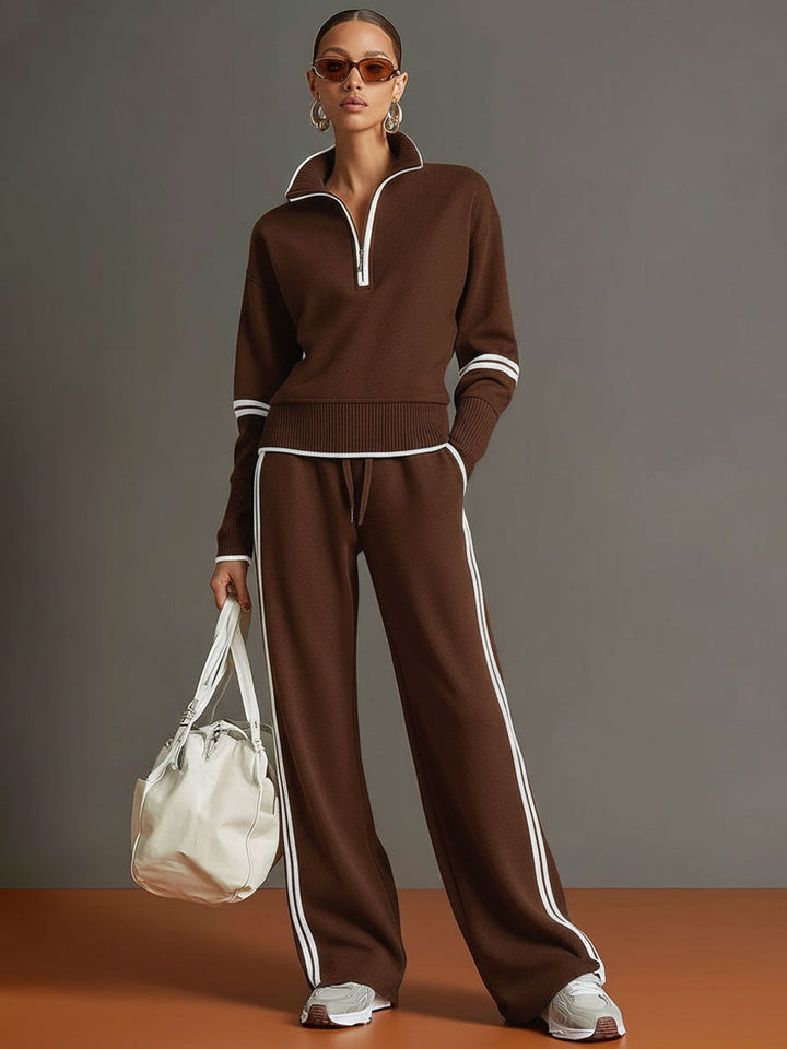 Vintage-Inspired Gray and White Half-Zip Sweatshirt with Wide-Leg Pants Set