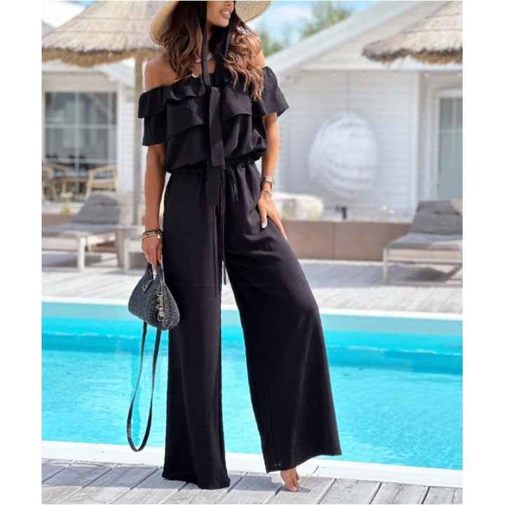 Damen Off-Shoulder Jumpsuit mit weitem Bein, Rüsche und Kordelzug