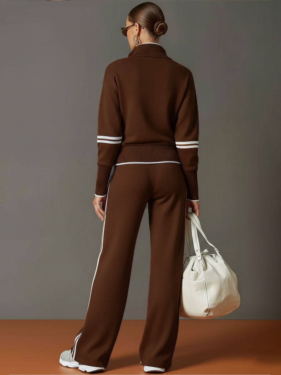 Vintage-Inspired Gray and White Half-Zip Sweatshirt with Wide-Leg Pants Set