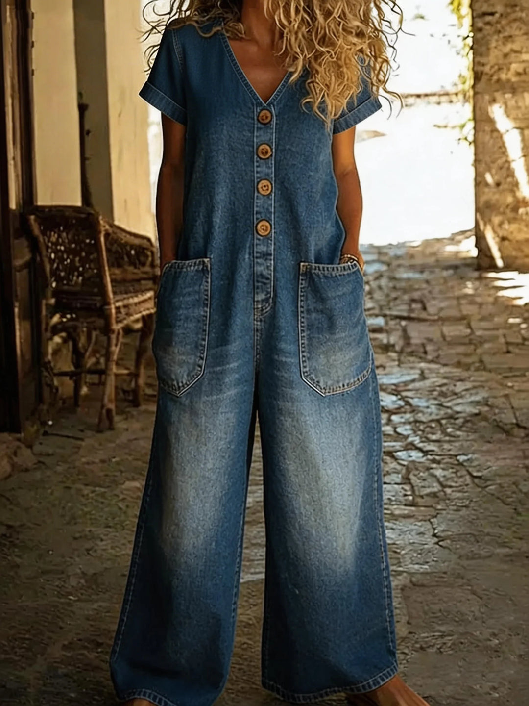 Denise | V-Neck Short Sleeve Denim Jumpsuit