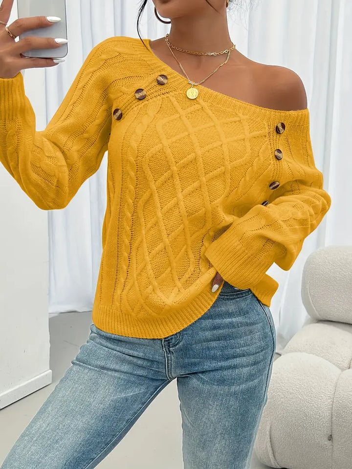 Lina - Cable Knit Long Sleeve Sweater, Casual Round Neck Pullover