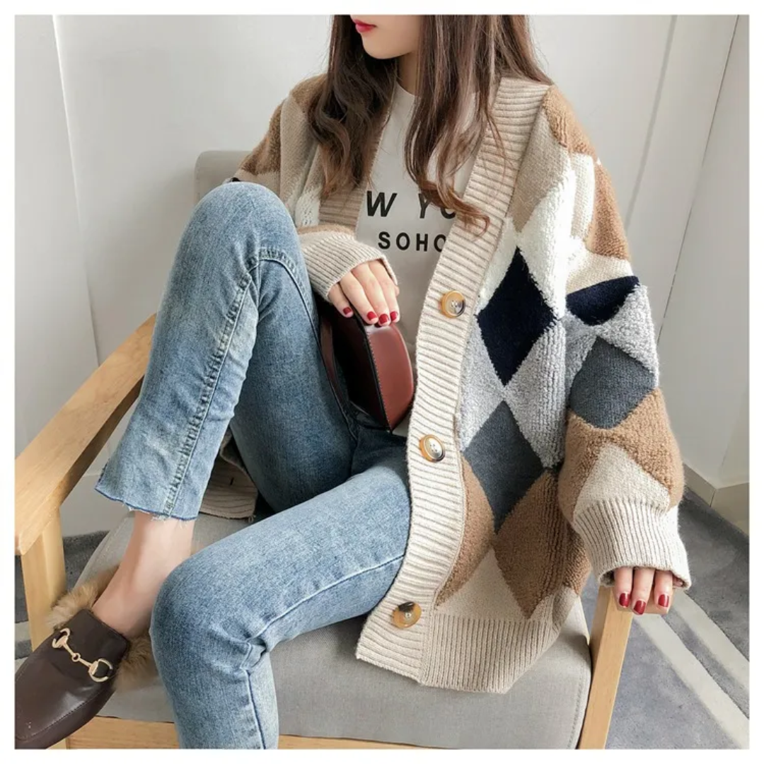 Women's cardigan with plaid pattern and V-neckline