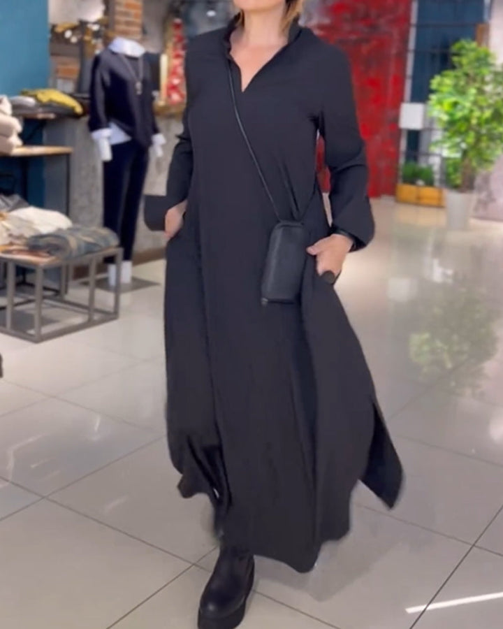 Eleanor - Loose Long Dress With Lapels And Side Slit
