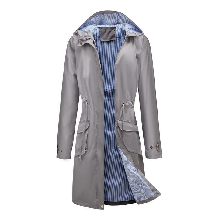Women’s waterproof raincoat with hood and adjustable drawstring