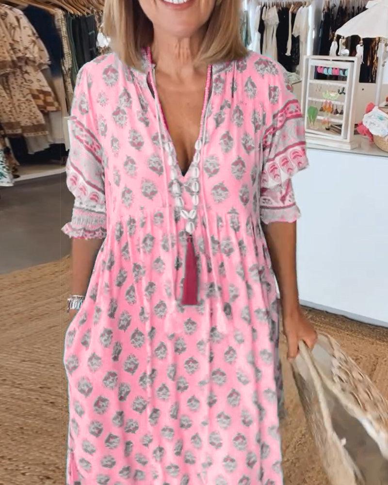 Giusy - Casual Printed V-Neck Dress With Half Sleeves