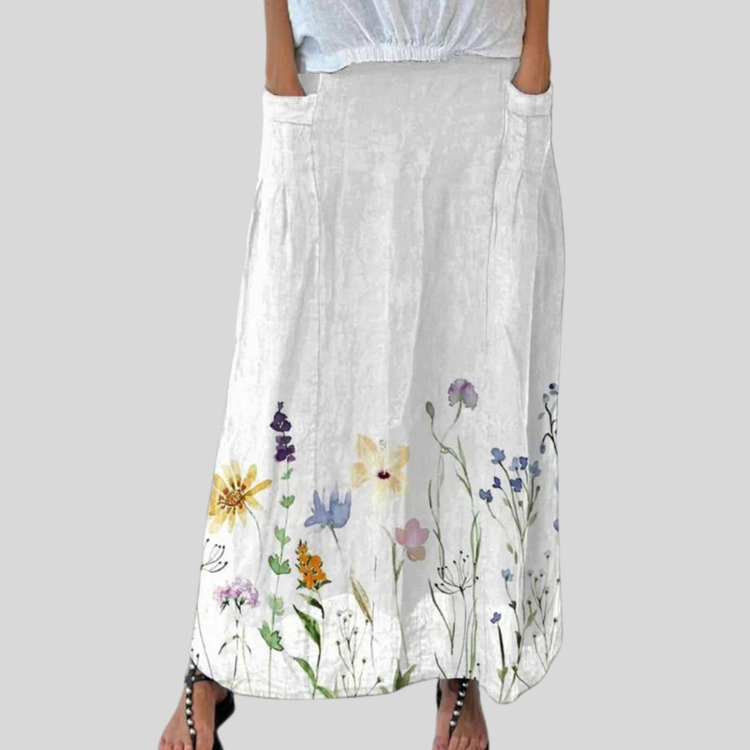 Watercolor Spring Meadow Art Printed Women's Linen Elastic Waist Pocket Skirt