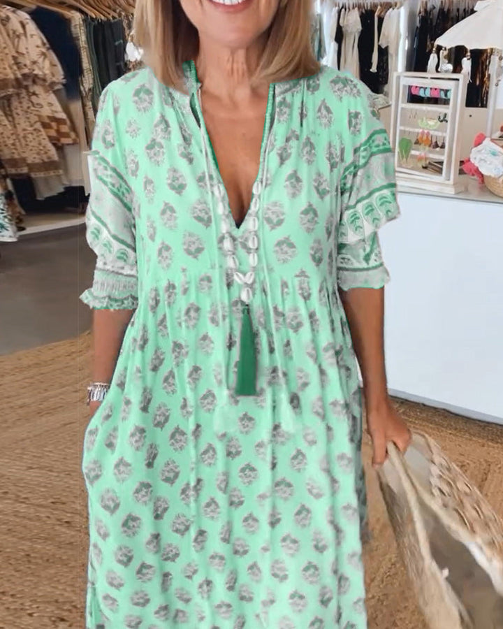 Giusy - Casual Printed V-Neck Dress With Half Sleeves