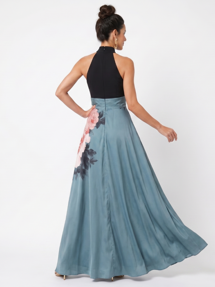 Olympas | Halter-Bodice Floral Skirt Maxi Dress