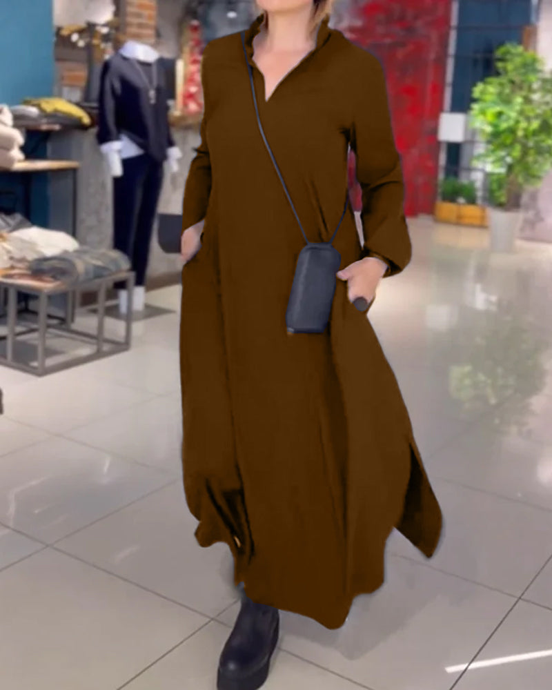 Eleanor - Loose Long Dress With Lapels And Side Slit