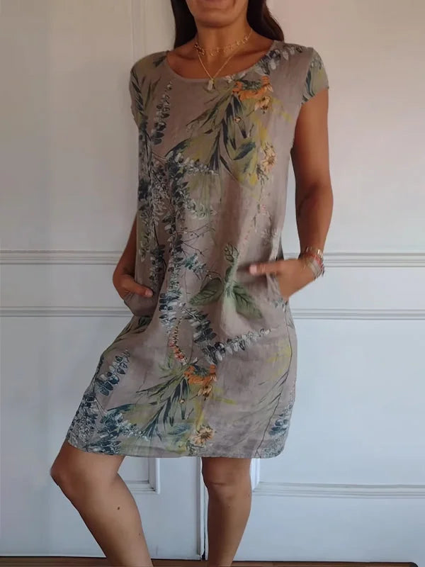 Women's Cotton Linen Printed Summer Dress with Pockets