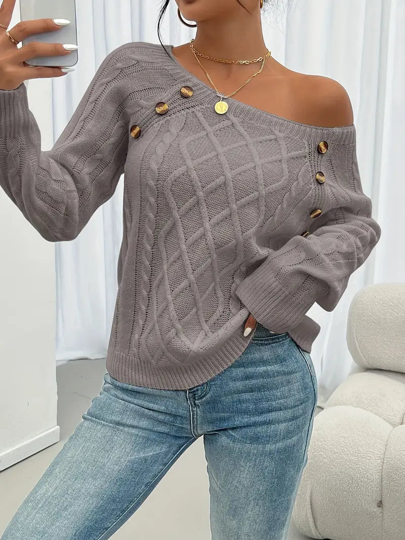 Lina - Cable Knit Long Sleeve Sweater, Casual Round Neck Pullover