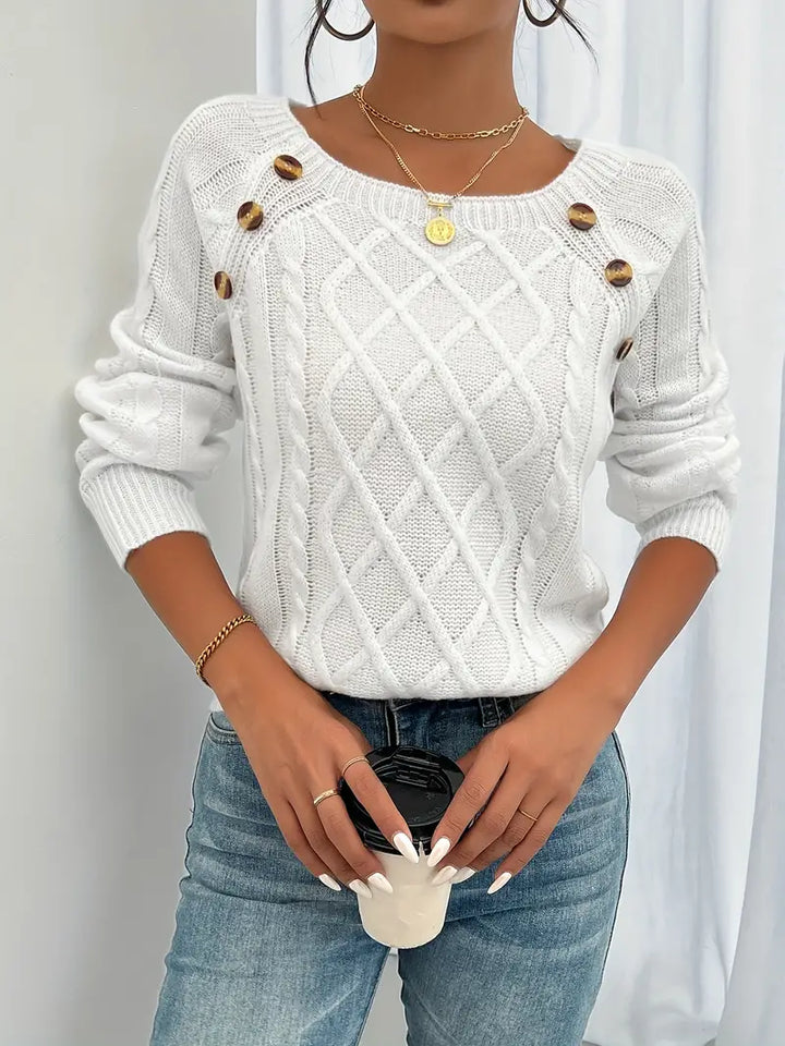 Lina - Cable Knit Long Sleeve Sweater, Casual Round Neck Pullover