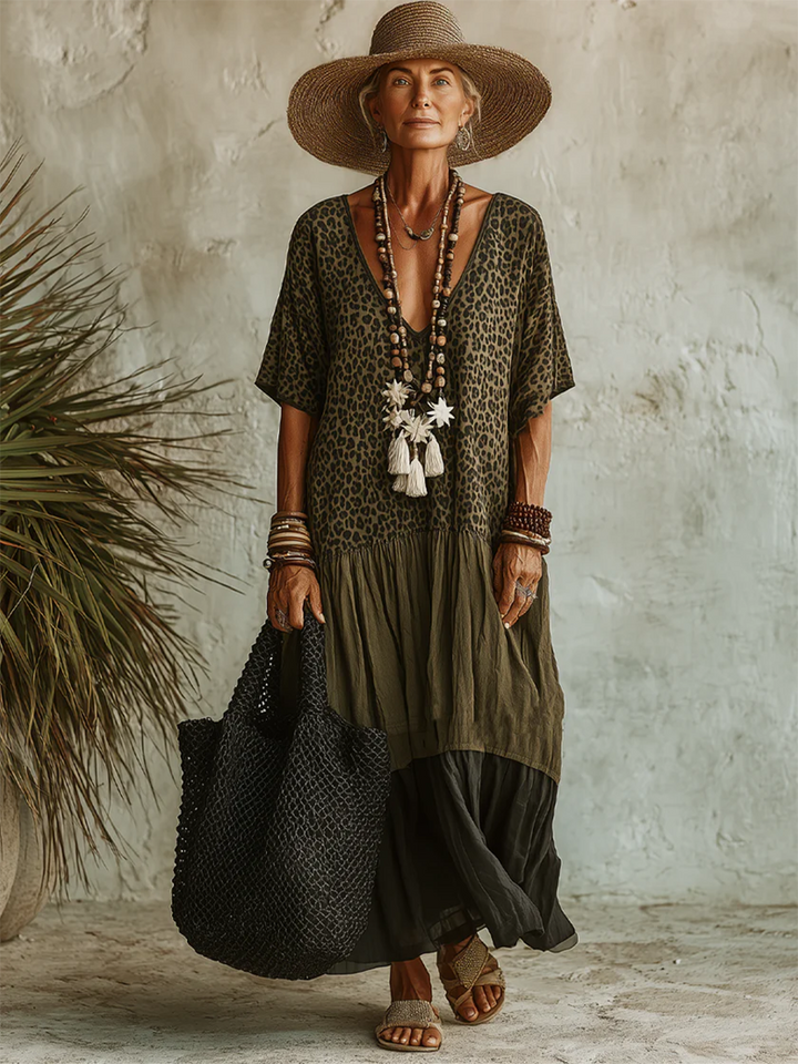 Women's V-Neck Leopard Print Maxi Dress